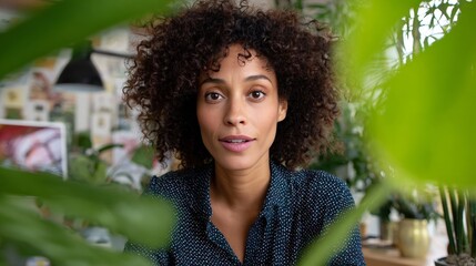 Woman with curly hair standing behind a plant.
