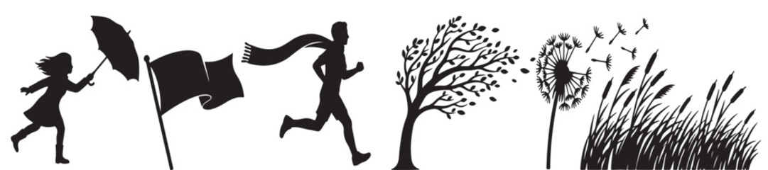 Obraz premium Silhouettes depicting the effects of wind on a child with an umbrella, a flag, a runner, a tree, a dandelion, and grass.