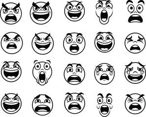 Diverse range of cartoon emoji faces displaying various emotions in a black and white sketch style for expressive communication and visual storytelling