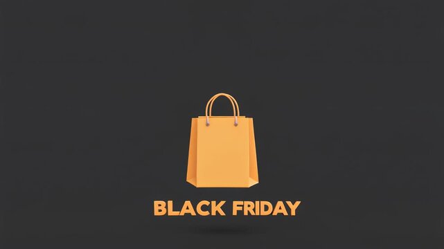 Minimalist graphic illustration of an orange shopping bag with 'BLACK FRIDAY' text on a dark background, representing sales and discounts.