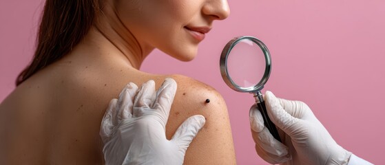 Dermatologist inspecting mole on woman's shoulder with magnifying glass during skin cancer check