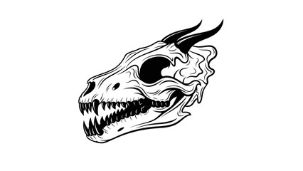 Naklejka premium Black and white illustration of a dinosaur skull with horns on a plain background.