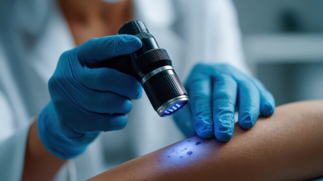 Closeup of a dermatologist wearing blue gloves using a UV diagnostic device to inspect dark skin spots on a patient's arm for potential skin cancer.