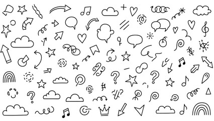 Fototapeta premium Collection of Hand-Drawn Doodle Icons, Arrows, and Symbols on White Background