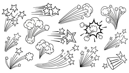 Hand-Drawn Comic Style Explosions and Shooting Stars Vector Illustration Set © deni
