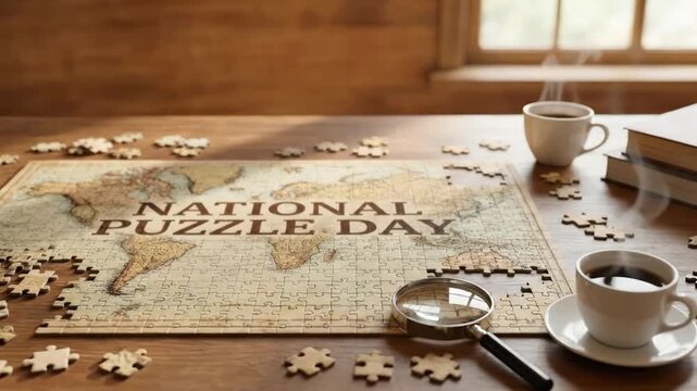 A warm and inviting scene features a partially completed world map jigsaw puzzle laid out on a rustic wooden table. Scattered puzzle pieces surround the intricate geographical illustration, suggesting