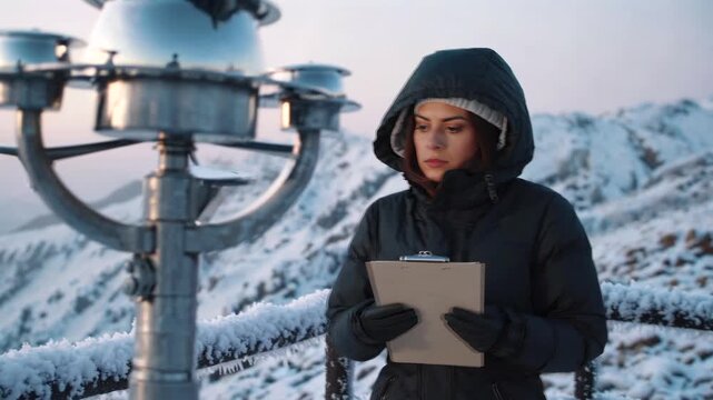 solo mountain exploration, an adventurous woman explores snowcovered mountain heights, an independent female explorer embarks on challenging journey across frozen mountain ranges and icy terrain