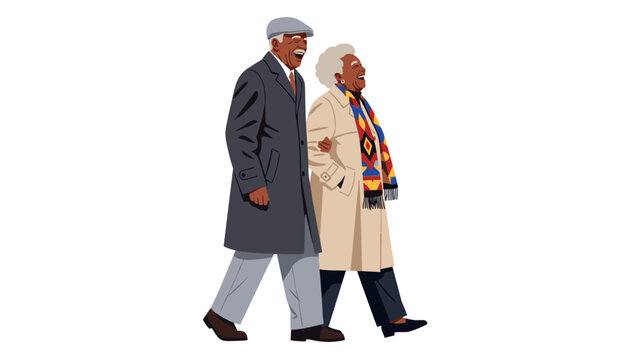 Flat vector illustration, architectural entourage style, elderly African American couple walking arm in arm, laughing heartily, smart casual autumn city clothing, man in wool coat and flat cap, woman.