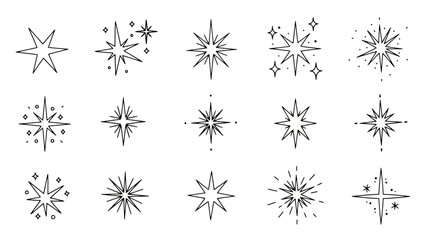 Collection of Hand-Drawn Star Sparkle Icons with Different Shapes and Sizes