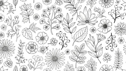 Seamless Pattern of Hand-Drawn Floral Elements and Leaves in Black and White