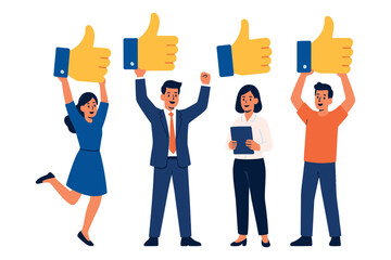 Team celebrating success with positive feedback symbols, happy business people holding approval signs, flat vector illustration