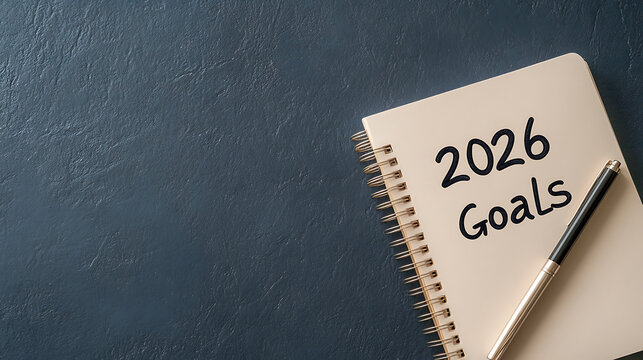 Contemplating future prospects? Jotting down the '2026 Goals' in a spiral notebook with a sleek pen on a dark blue textured surface. Time to plan ahead for success! - Powered by Adobe