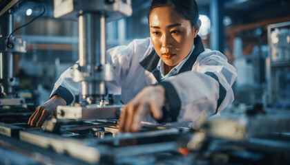 Focused female technician inspecting precision machinery on advanced automated production line
