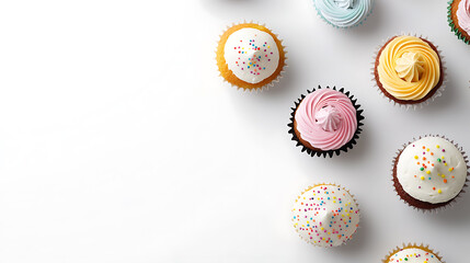 Delightful cupcakes on a plain white background, each adorned with colorful frosting and sprinkles. Perfect for any sweet occasion or celebration. Sweet treats!