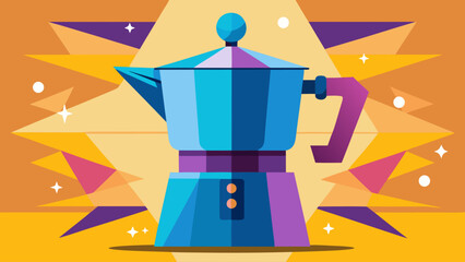 A blue coffee pot with a blue handle sits on a yellow background. The coffee pot is surrounded by a colorful pattern, giving the image a vibrant and lively feel