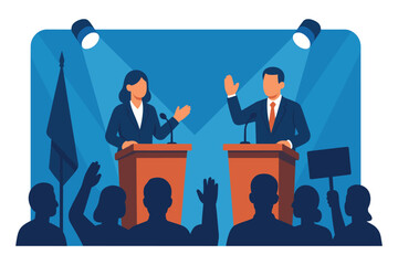 Two speakers debating on stage behind podiums under bright spotlights, audience watching public discussion event representing communication and leadership, Flat Vector Illustration