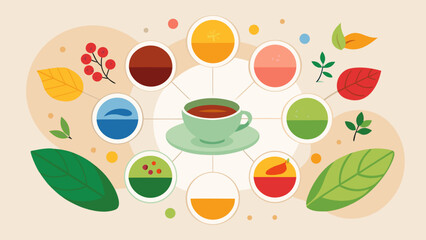 A colorful illustration of a cup with a leaf on it. The cup is surrounded by a circle of different colored circles, each representing a different type of tea. Concept of a variety of tea options