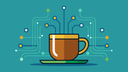 A cup with a design of wires and dots on it. The cup is on a plate. The image has a futuristic and technological vibe