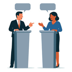 Two speakers discussing topics at podiums with speech bubbles during formal debate setting, flat vector illustration