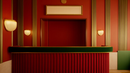 Intricate lobby design with dark red walls, gold accents, and decorative lighting.  A green reception desk adds a pop of color, complementing the space's rich tones.