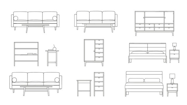 Japandi Bedroom Furniture Elevation Vector, Low Profile Bed and Wardrobe Line Art, Minimalist Interior Design Elements Front View