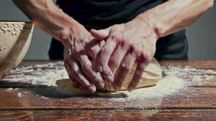muscular hands kneading dough on table floured wooden surface professional baker exerting rhythmic pressure to develop gluten cloud of flour energetic focused atmosphere intense craft technique - Powered by Adobe