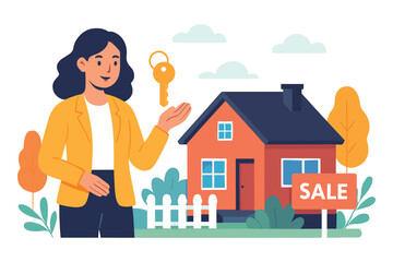 Woman holding house key beside property with sale sign representing home purchase and real estate opportunity, flat vector illustration