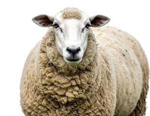 Obraz premium A frontal portrait of a sheep with cream-colored wool, isolated on a white backdrop