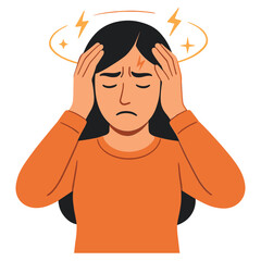 Woman holding her head in discomfort with dizziness and headache symptoms shown around her, flat vector illustration