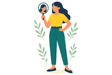 Woman holding mirror looking at her reflection showing self awareness confidence and personal identity, flat vector illustration