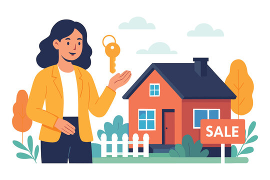 Woman holding house key beside property with sale sign representing home purchase and real estate opportunity, flat vector illustration - Powered by Adobe