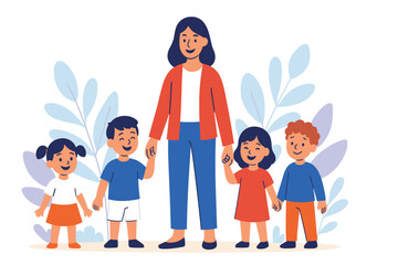 Woman standing with happy children holding hands together outdoors representing family bonding and childcare concept, flat vector illustration
