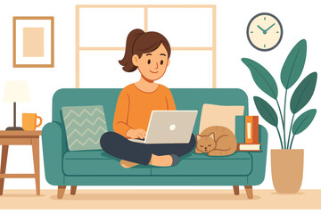 Woman working on laptop while sitting on sofa with cat in cozy home interior scene, flat vector illustration