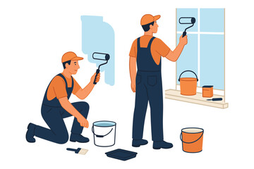 Workers painting interior walls with rollers and buckets during home renovation process, flat vector illustration