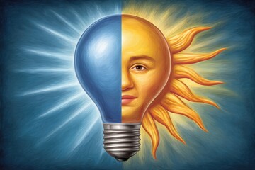 A light bulb is split in half and a sun is shining on it. The light bulb is blue and the sun is yellow