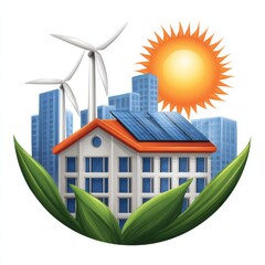 A house with a solar panel on the roof and a wind turbine in the background. The house is surrounded by green leaves and a bright sun