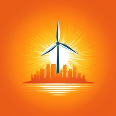 A wind turbine is on top of a city skyline. The city is orange and the sun is shining brightly