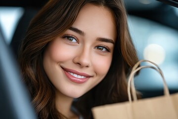 A woman with brown hair and brown eyes is smiling and holding a brown paper bag. She looks happy and content