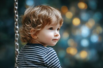 A young child is sitting on a swing, looking up at the camera. The image has a playful and innocent mood, as the child appears to be enjoying the moment