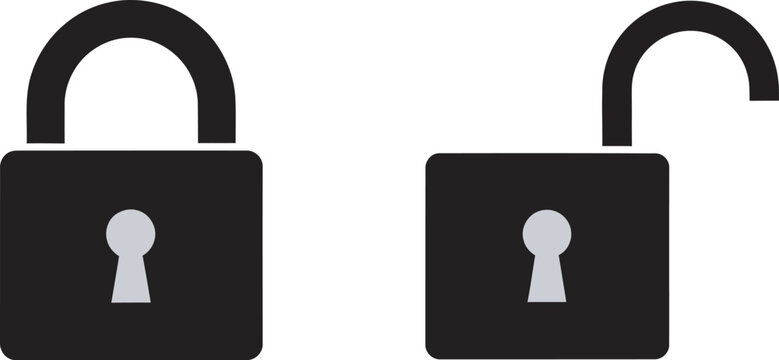 Four black and white lock illustrations depicting closed and open security concepts