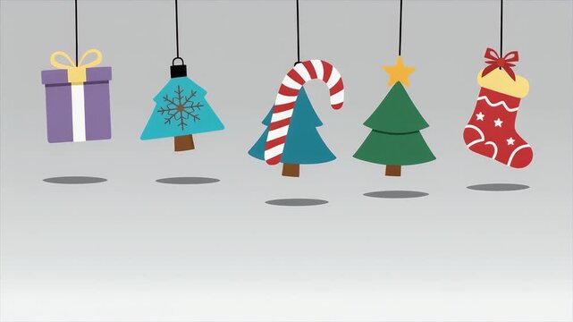 Pixelated Christmas Ornaments Hanging on Gray Background Decoration