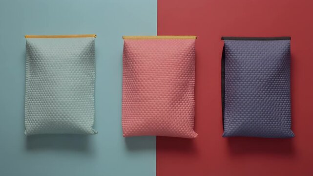 Three Bubble Wrapped Sacks on Blue and Red Background Flat Lay