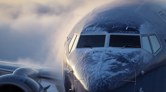 Icy skies! A close-up of a plane's cockpit covered in snow, showcasing the challenges of winter aviation. The stark contrast of metal and snow highlights nature's power.