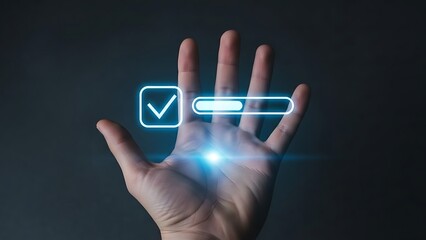 Human hand interacting with futuristic glowing progress bar and checkmark interface.