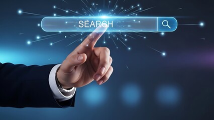 Hand pressing search bar on digital interface for online information discovery.