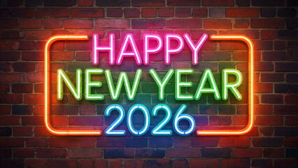 Bright Colorful Neon Sign 'HAPPY NEW YEAR 2026' on Red Brick Wall