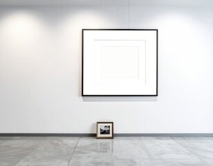 Blank frame art hangs over smaller frame in a stark gallery
