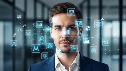 Businessman immersed in a futuristic network of data, analytics, and communication icons.