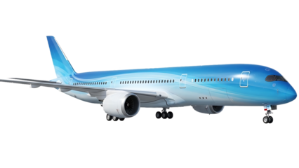 Modern blue passenger airplane, widebody jet airliner, isolated on transparent background, side view