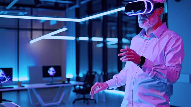 engineer interacts with holographic display, modern laboratory with virtual reality interface and lighting, researcher in hightech lab uses holograms and virtual controls under colorful lighting